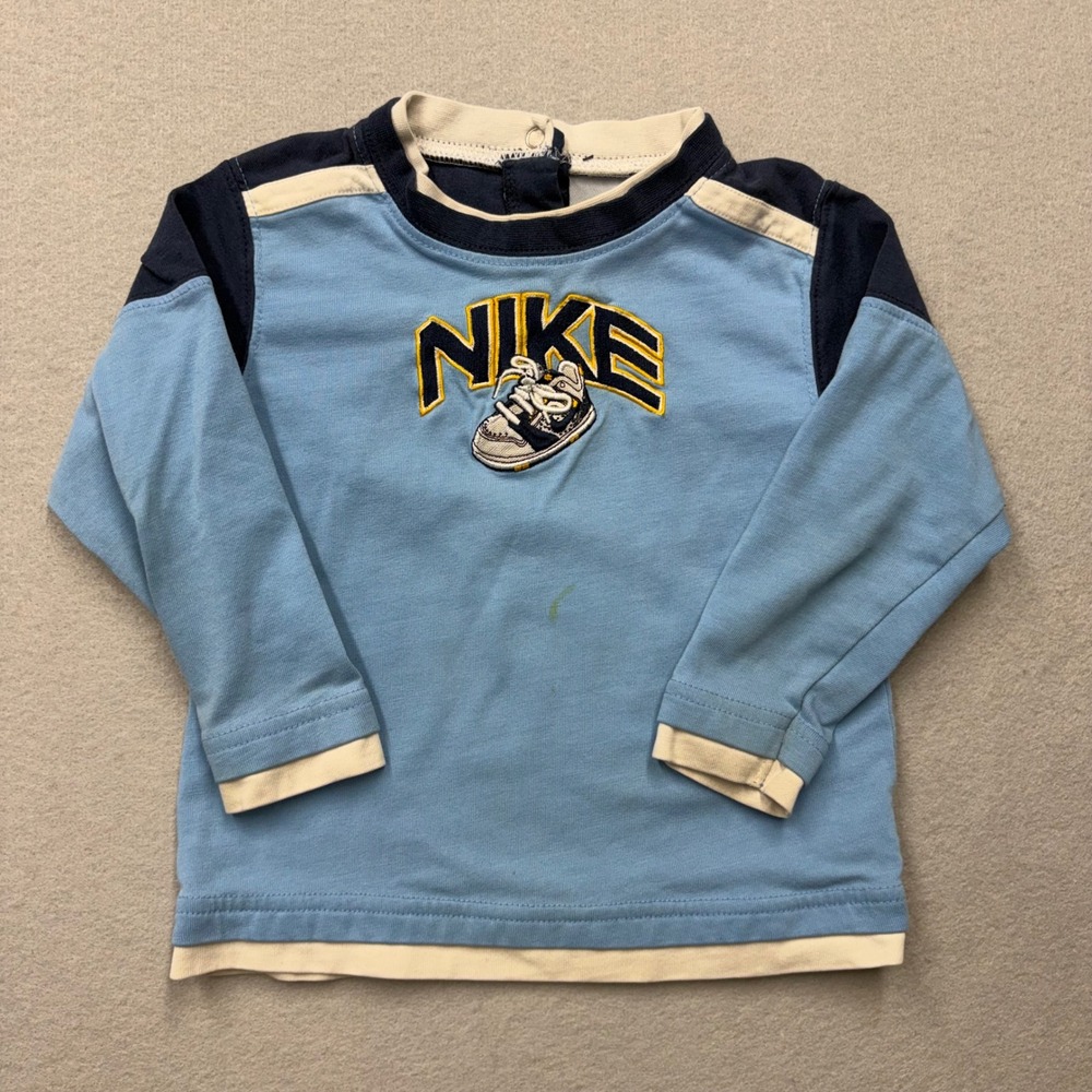 Nike Long Sleeve Shirt Baby 24M Blue Y2K Sneaker Graphic Embroidered Logo EW25